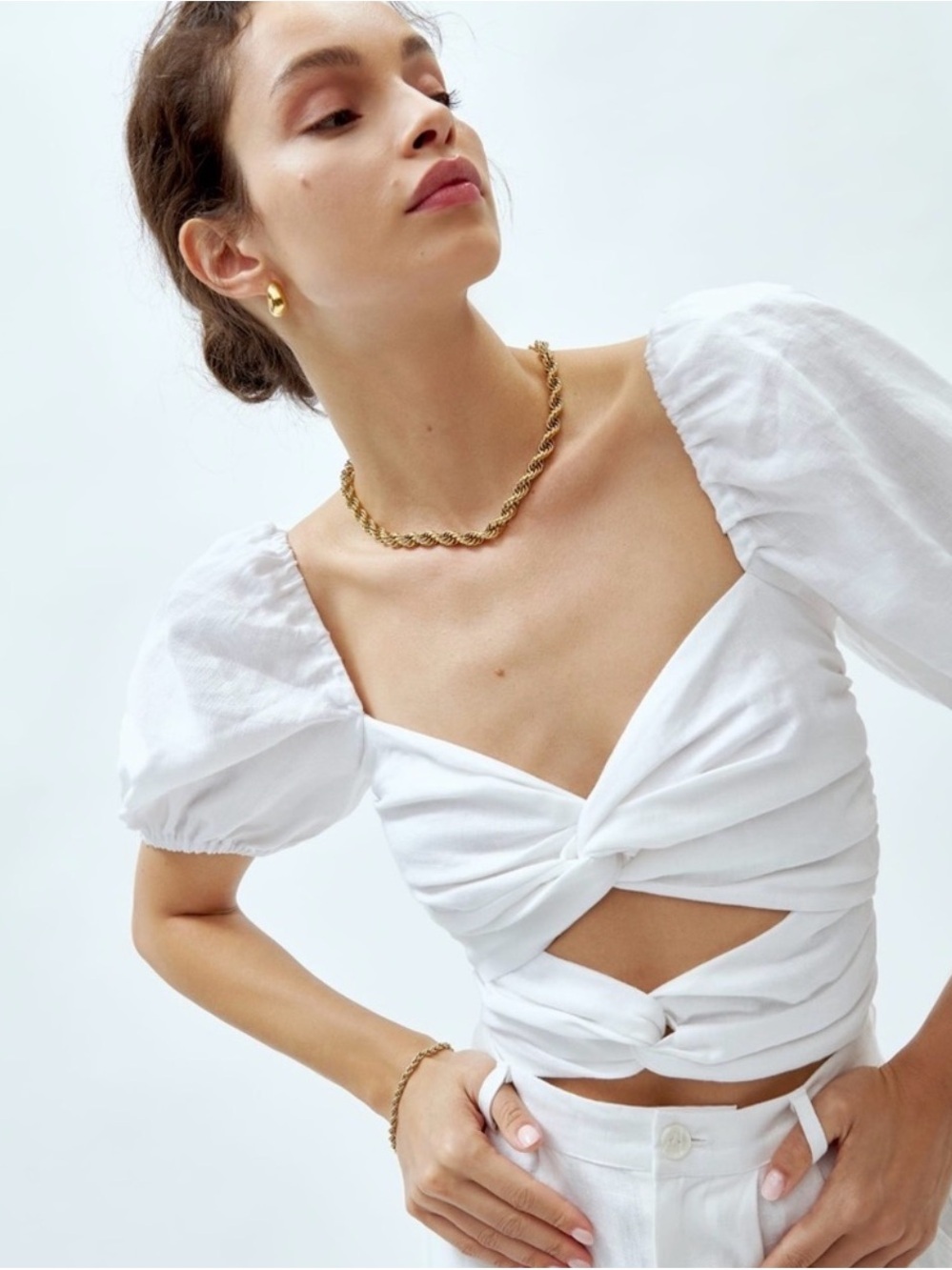 Reformation White Twist Front Puff Sleeve Crop Top